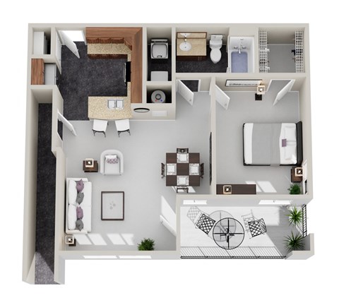 A 3D floor plan of a house with a living room, kitchen, and bathroom.
